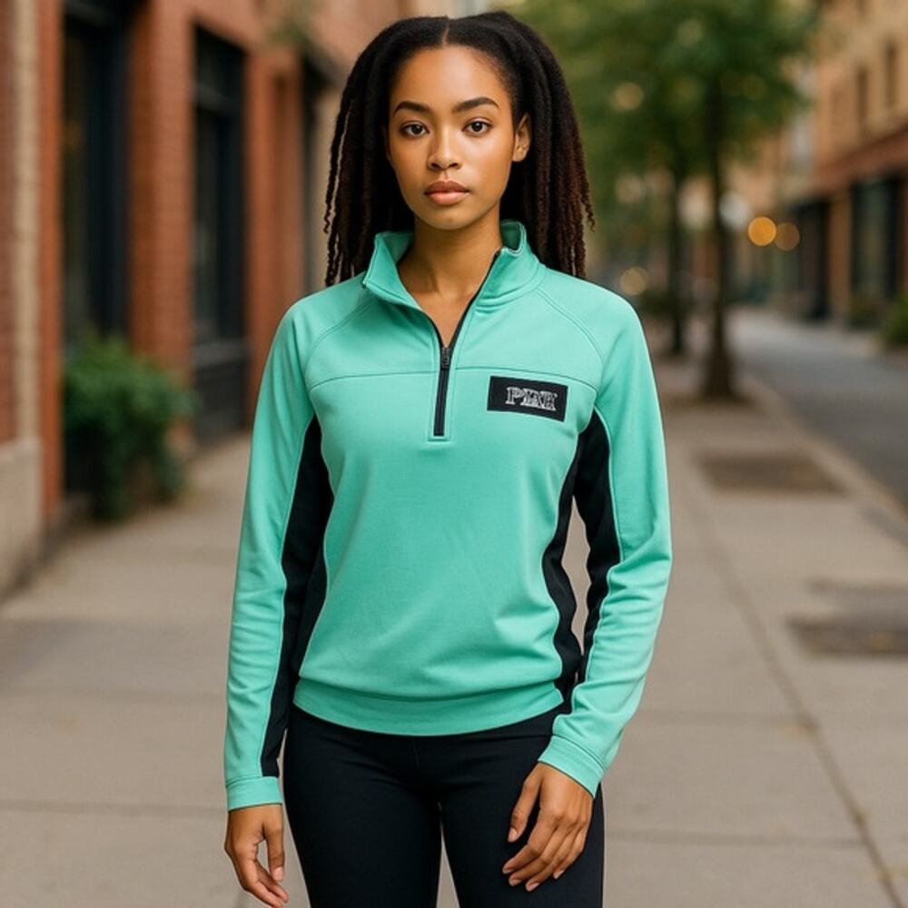 PINK Victoria's Secret Womens Pullover Sz S Ultimate Aqua Mint Black Long Sleeve
